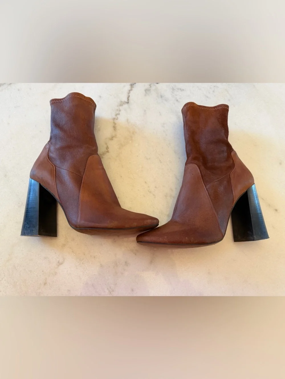 Brown Leather Ankle Boots Block Heel Pointed Toe Booties Chic Minimalist Style
